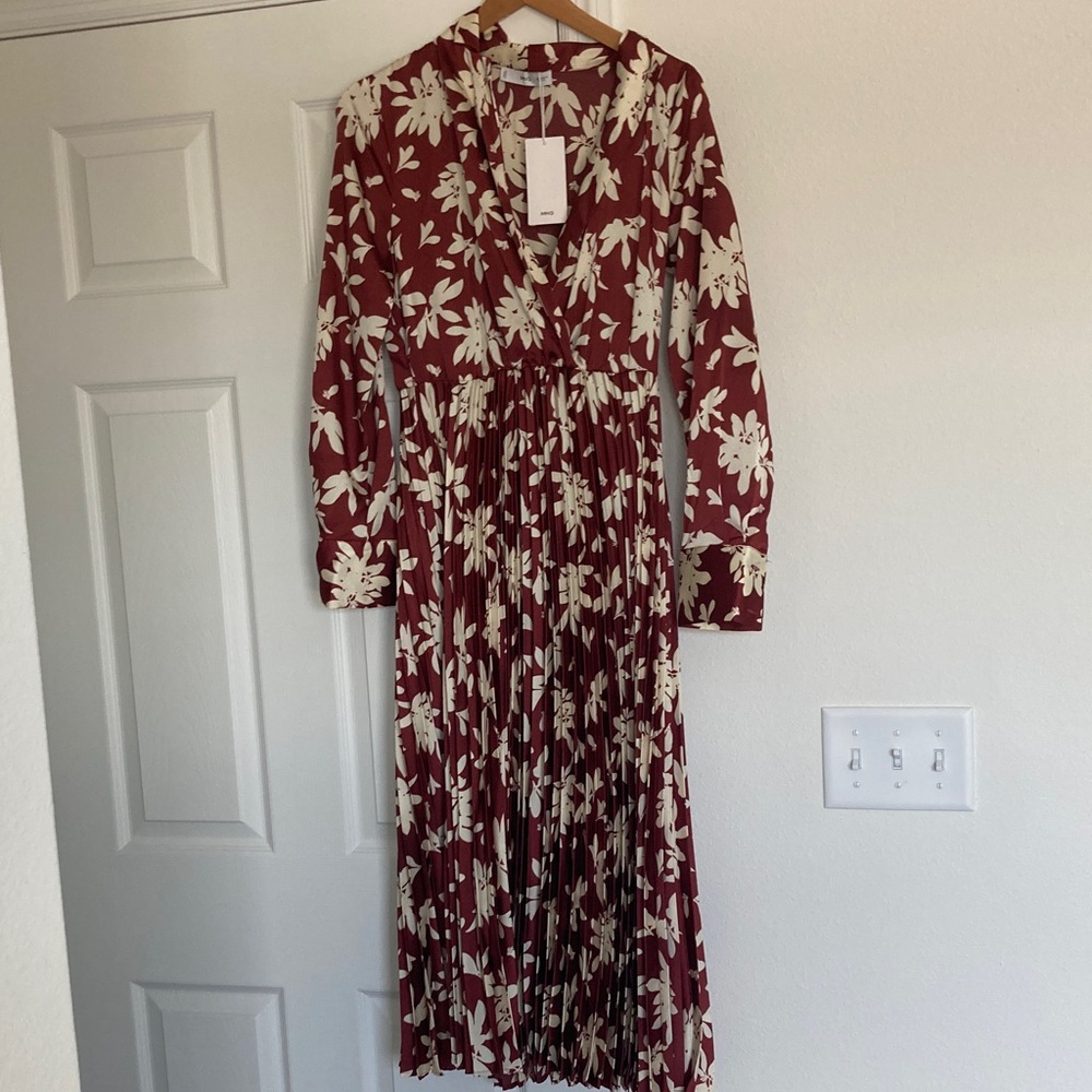 Mango Burgundy Floral Long Sleeve Dress